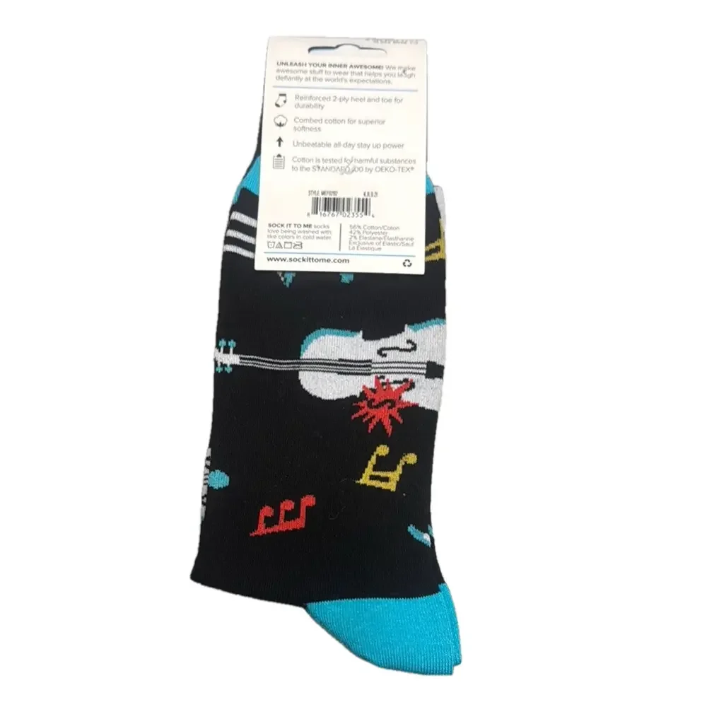 Sock It To Me Men's Crew Socks - Black with Musical Notes and Instruments